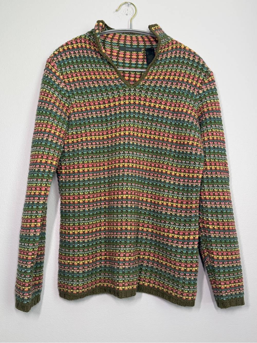 Liz Claiborne Size S Multicolor Crochet Knit Hooded Sweater Boho 70s